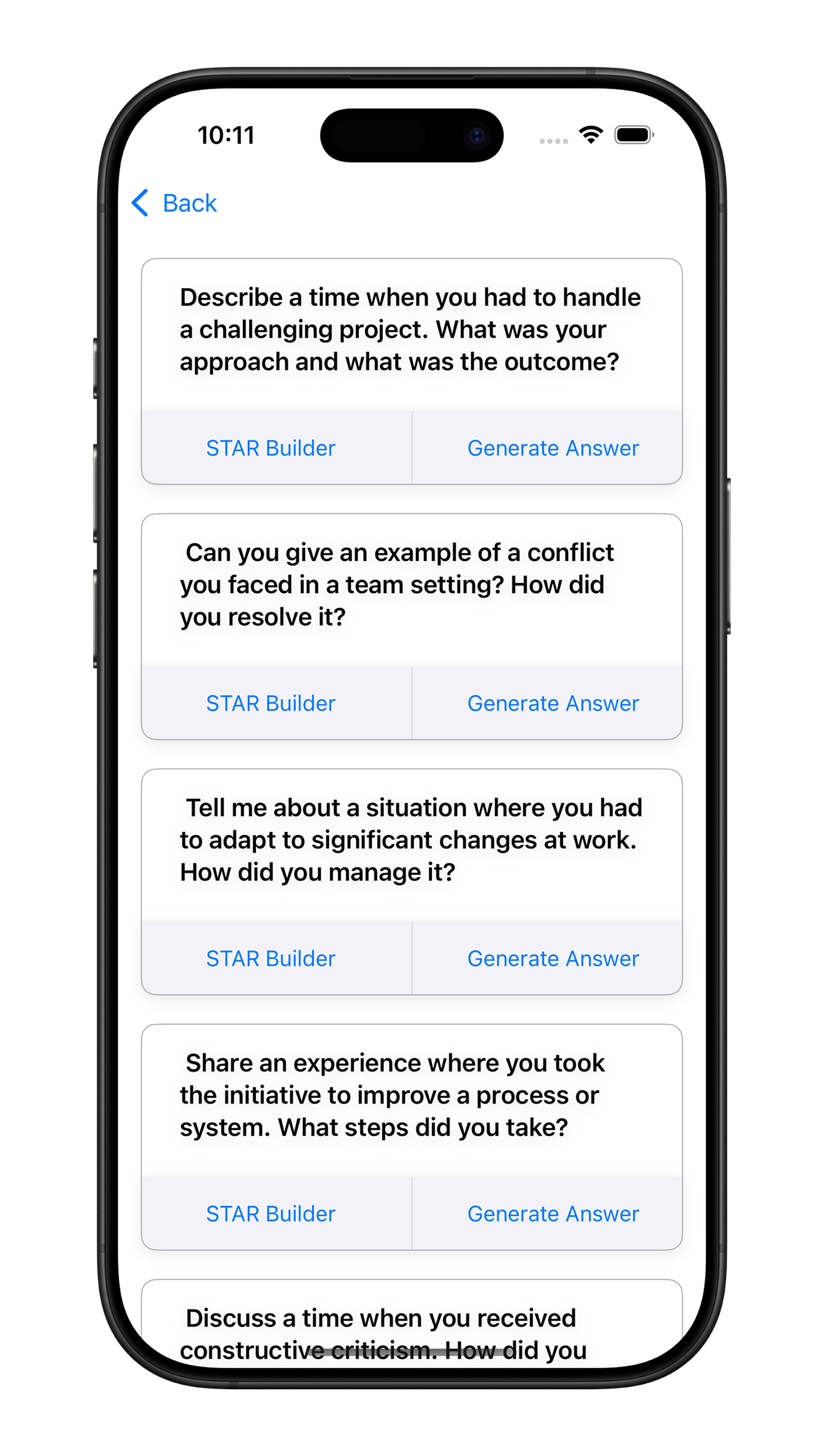 Interview Questions Generator Screenshot - Role-specific interview preparation