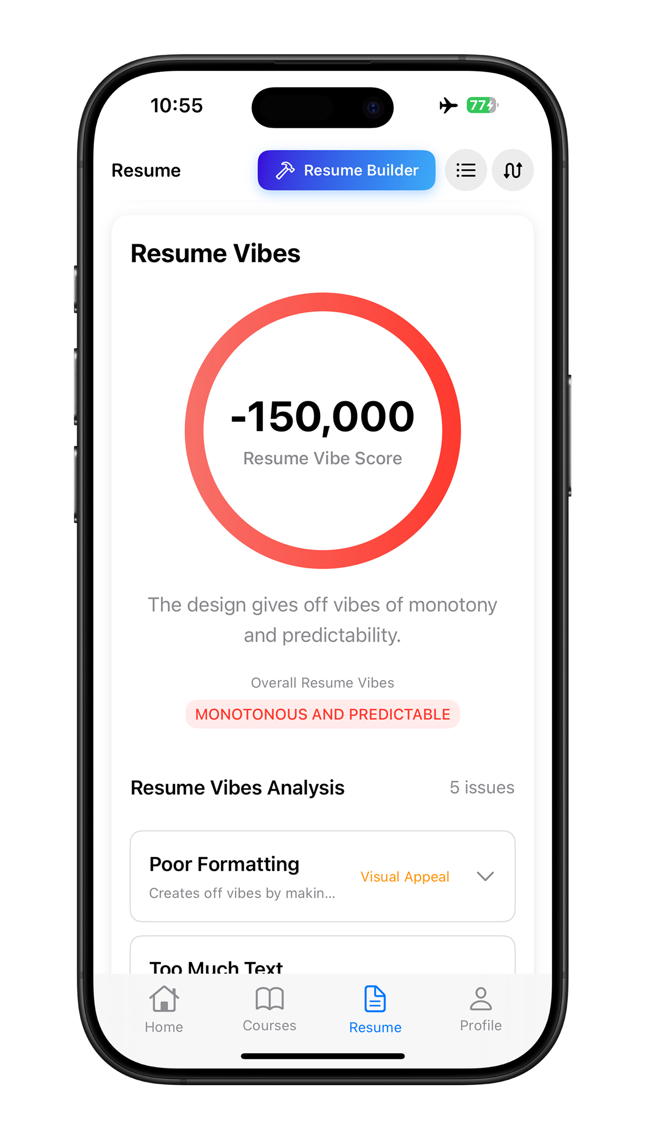 Resume Vibes Analysis Screenshot - First impression score for resumes