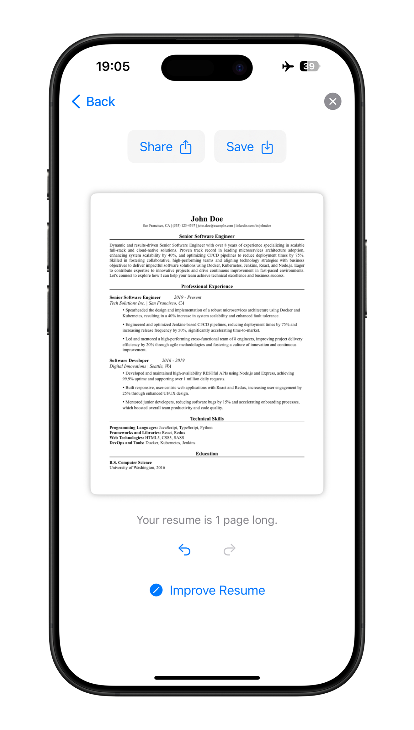 Download Professional Resume Screenshot - PDF and DOCX export options