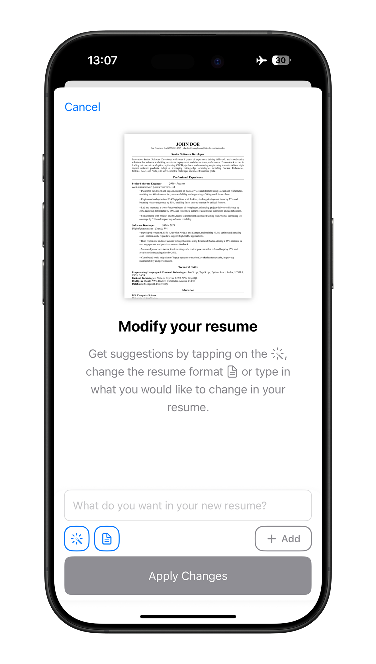 AI Resume Fixes and Suggestions Screenshot - Smart resume improvement