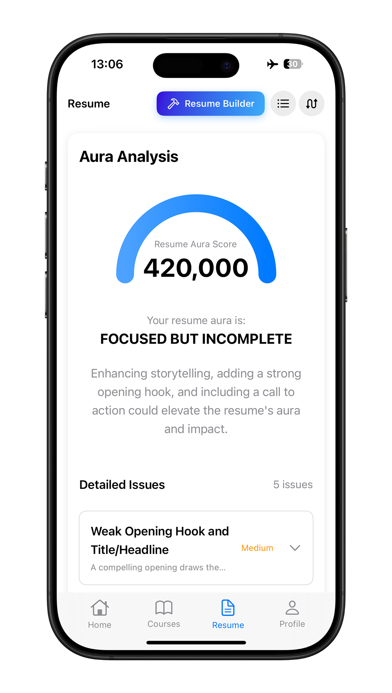 Resume Aura Analysis Screenshot - AI-powered resume evaluation tool