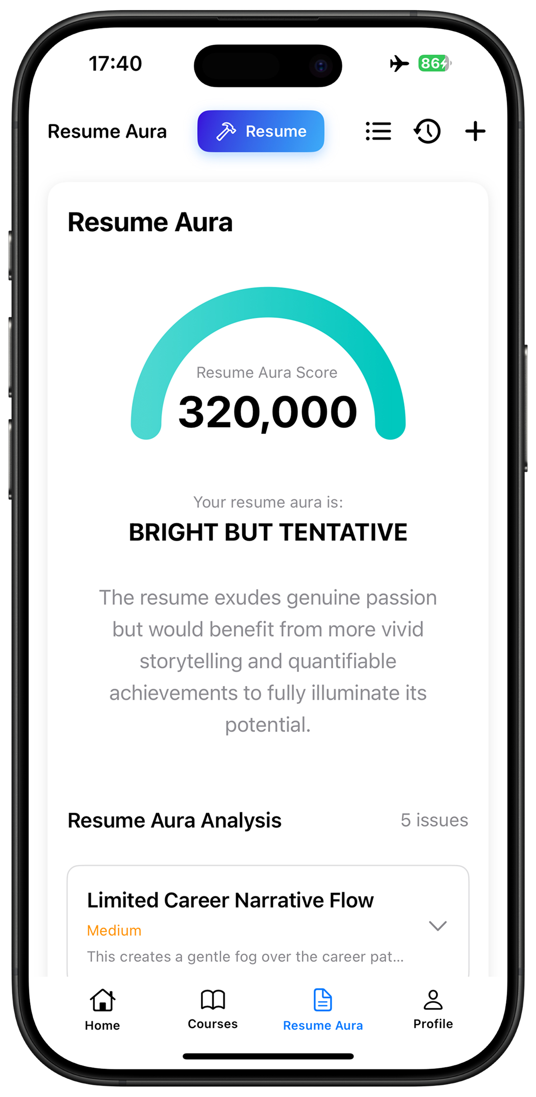 Resume Aura Analysis Screenshot - AI-powered resume evaluation tool