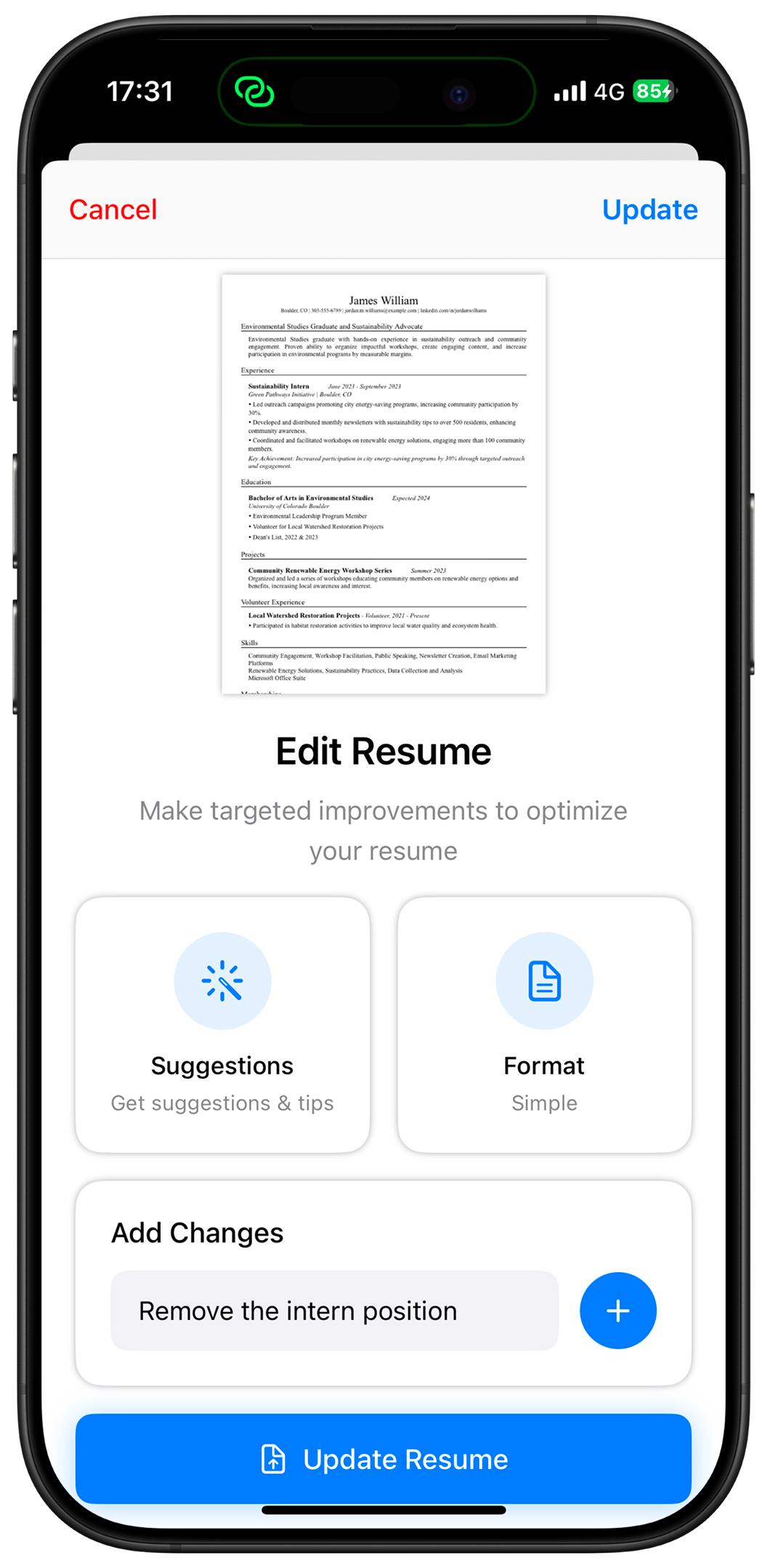 AI Resume Fixes and Suggestions Screenshot - Smart resume improvement