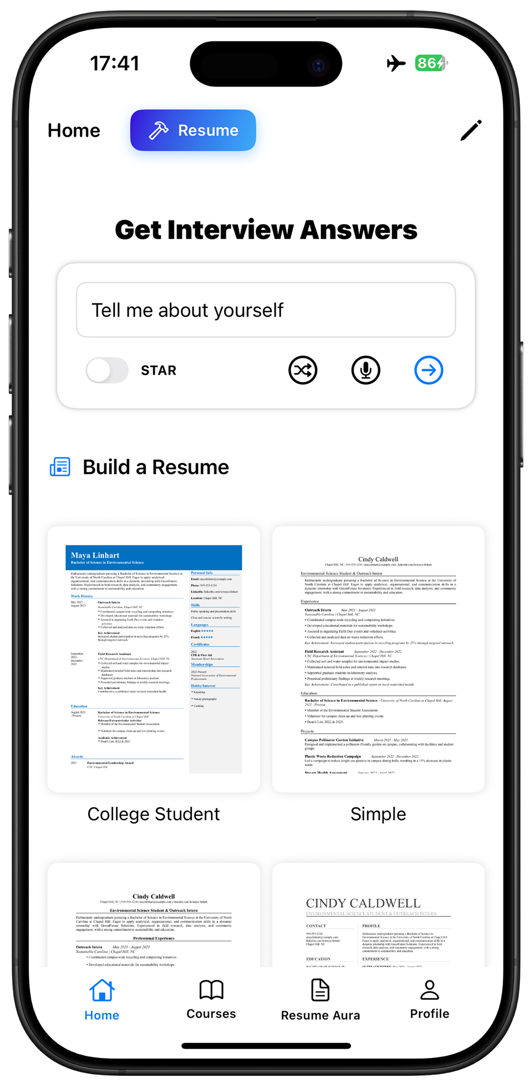 Interview Pro AI App Screenshot - Resume Builder and Interview Practice Features