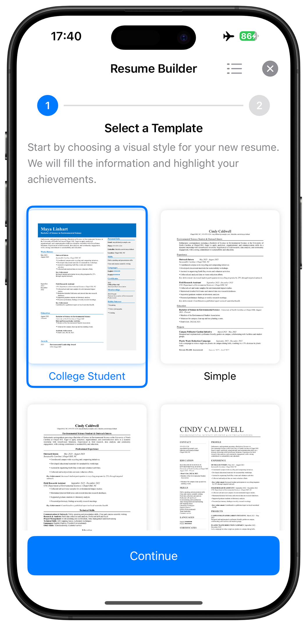 ATS Resume Template Selection Screenshot - Professional resume templates
